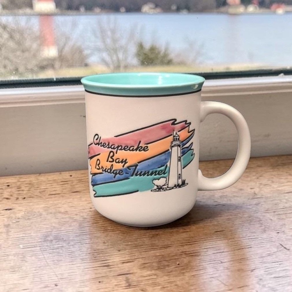 Chesapeake Bay Bridge-Tunnel Mug, Vintage Stoneware, Pastel Souvenir Coffee Cup